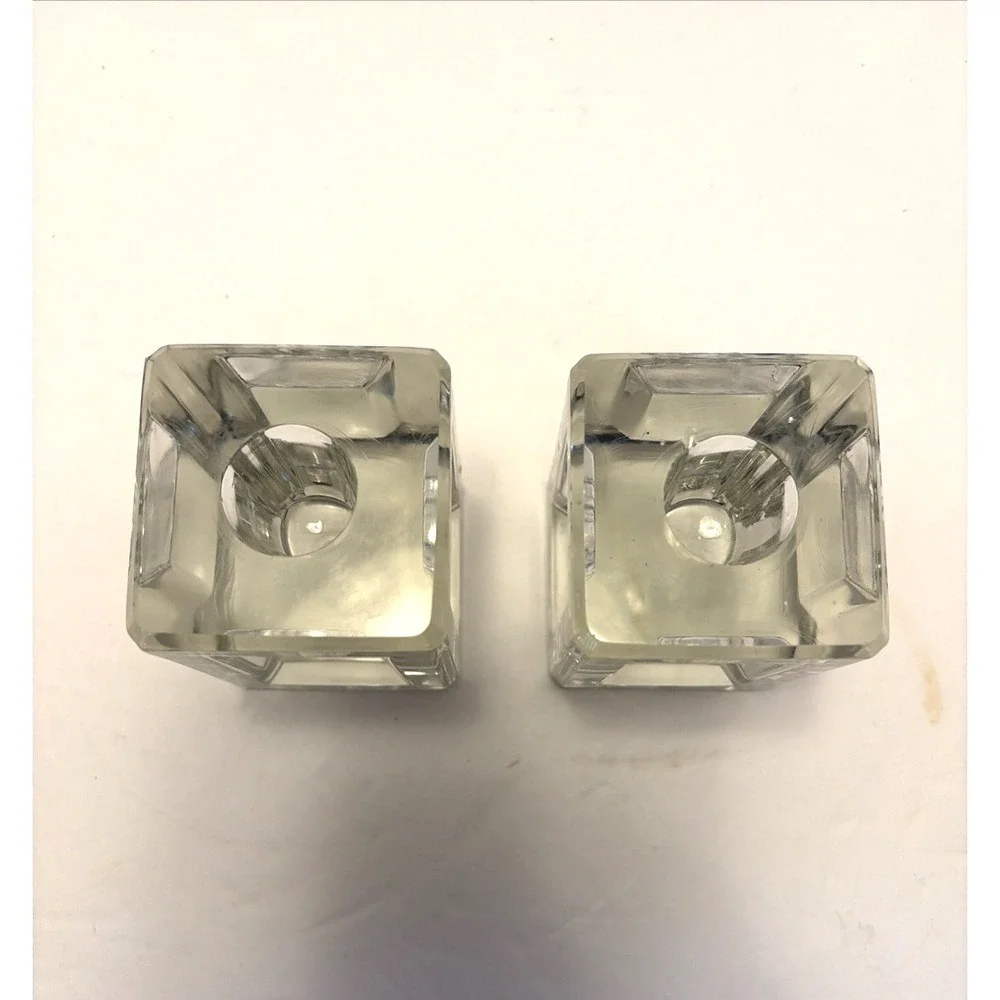 Vtg MCM Crystal Glass Ice Cube Style Candle Holder Pair Indented Sides Heavy